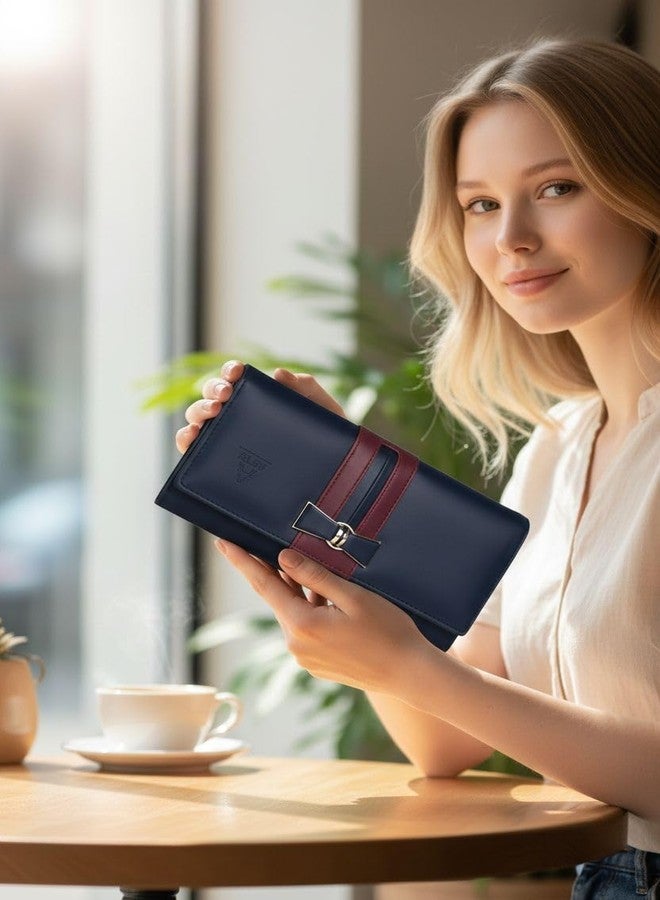 ALSU Women's Premium PU Leather Wallet Hand Purse | Multi-Compartment Clutch Purse with 6 Card Slots, Coin Pocket & Zipper Closure (Blue) - Image 2